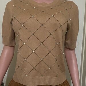 Chic Tan Short Sleeve Women's Top with Embellishments